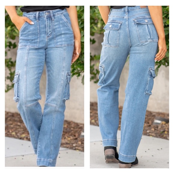 Judy Blue Allison Jeans High Rise Wide Leg Cargo Utility Stretchy Baggy Sz 7/28 - Picture 3 of 15